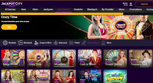 Jackpot City Live Dealer Game Shows section sreenshot