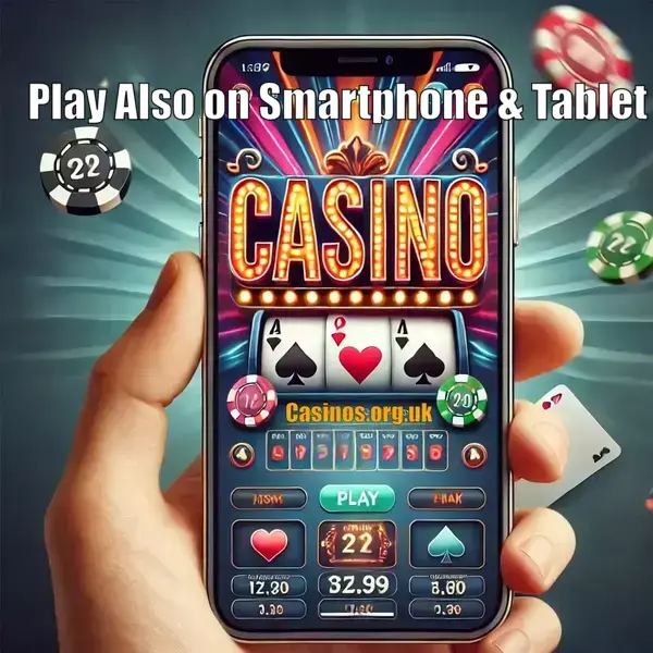 Mobile casino shown on a smartphone screen with the text 'Play also on smartphone and tablet' in a Vegas style design
