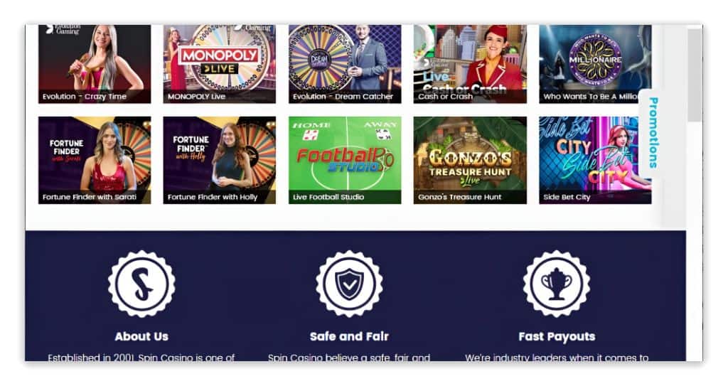 Spin casino game shows screenshot