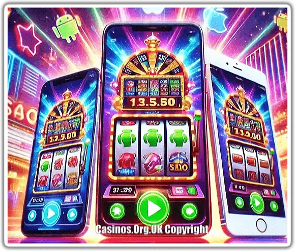 Showing iPhone and Android mobile with a slot machine on screens