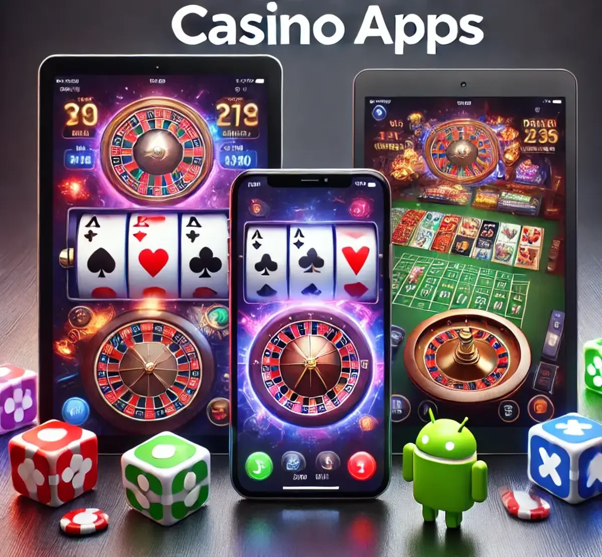 Showing iPhone, Android smartphone and tablet with casino games on screen